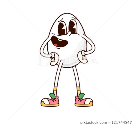 Groovy breakfast egg character. Isolated cartoon vector smiling boiled egg with expressive eyes, wearing sneakers and standing with arms akimbo. Cheerful retro food personage embodies playful y2k vibe Groovy breakfast egg character. Isolated cartoon vector smiling boiled egg with expressive eyes, wearing sneakers and standing with arms akimbo. Cheerful retro food personage embodies playful y2k vibe 121744547