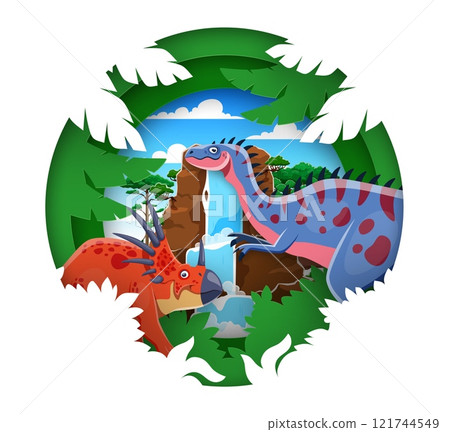 Prehistoric dinosaurs paper cut banner. Jurassic era reptile paper cut vector poster, extinct dinosaur 3d round banner or backdrop with styracosaurus, alectrosaurus dinosaurs characters and landscape Prehistoric dinosaurs paper cut banner. Jurassic era reptile paper cut vector poster, extinct dinosaur 3d round banner or backdrop with styracosaurus, alectrosaurus dinosaurs characters and landscape 121744549