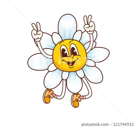 Groovy daisy chamomile flower funny character in retro cartoon, vector emoji face. Hippie groovy daisy chamomile flower character peace sign fingers gesture and silly face for freaky happy emotion 121744552