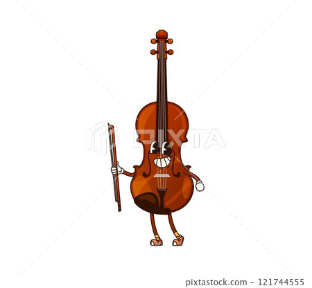 Cartoon contrabass, double bass groovy musical instrument character with smiling face and bow in hand playing classic music. Isolated vector musician equipment personage ready for orchestra concert 121744555