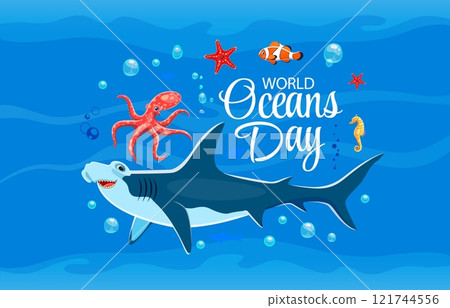 World oceans day banner with sea animals. Sea animal and ocean wildlife protection backdrop or World oceans day vector banner with hammerhead shark, octopus, clown fish and starfish cartoon characters 121744556
