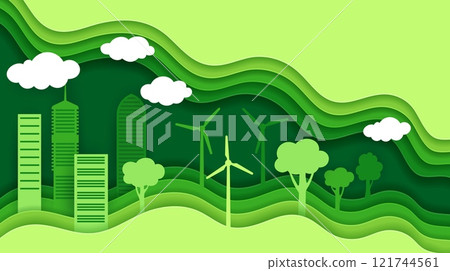 Paper cut eco city banner with vector 3d wavy layered borders. Green energy skyscraper buildings, trees, clouds and wind turbines paper cut cityscape. Eco city concept, ecology and environment themes 121744561