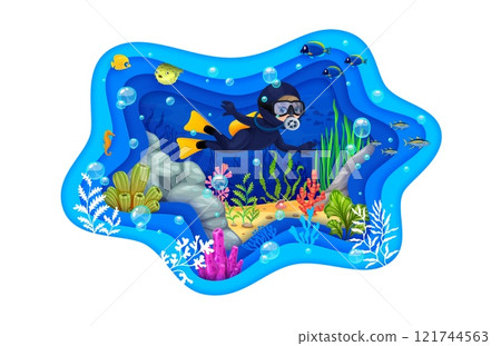 Young diver and paper cut underwater landscape. Cartoon vector character with diving suit and oxygen balloon exploring underwater tropical sea world, surrounded by colorful fish shoals and coral reefs 121744563