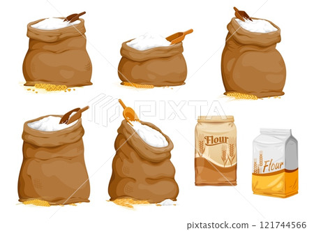 Flour bags, packets and sacks with wheat and rice grains, vector cereal farm and bakery food. Cartoon old burlap sacks and paper bags with white flour, rustic wood scoop, wheat ears and rice spikelets 121744566