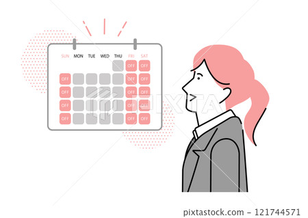A businesswoman is happy to see a calendar reflecting the three-day work week system A businesswoman is happy to see a calendar reflecting the three-day work week system 121744571
