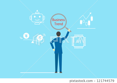 一位商人從後面用放大鏡分析商業趨勢的插圖 121744579