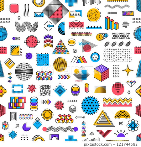 Geometric modern Memphis element shapes in seamless pattern, vector background. Memphis pattern of modern or retro Y2K geometric shapes and isometric elements or figures in minimal linear design 121744582