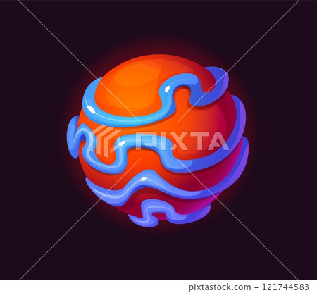 Cartoon galaxy fantasy alien red space planet with blue rivers. Fantastic universe planet symbol. Alien galaxy funny world isolated vector sticker or fantasy cosmos satellite icon 121744583
