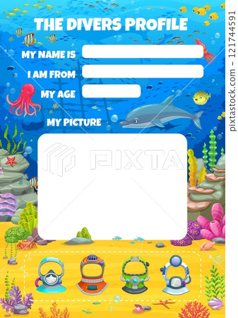 Diver profile form or photo frame at underwater landscape with sunken ship and sea animals vector background. Cartoon diving helmets, dolphin and fish shoals diver or frogman profile form template 121744591