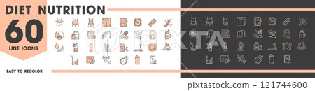 Keto diet nutrition line icons of healthy food and fitness sport for weight control, vector pictograms. Keto diet, weight loss and health nutrition icons of exercise workout, vitamins and supplements 121744600