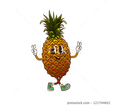 Groovy pineapple fruit retro cartoon character with funky smile, vector emoji. Groovy pineapple with silly face and hippie peace sign gesture, funny fruit food character and retro cartoon personage 121744601
