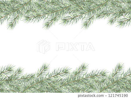 Christmas card horizontal template with fir tree branches. Hand drawn watercolor isolated illustration on white background with empty space for text, A4. For New year greeting cards template. 121745190