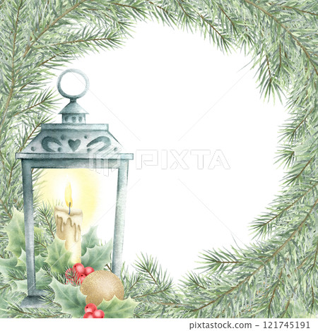 Christmas vintage lantern, holly, berries, burning candle, gold ball, fir branches. Hand drawn watercolor isolated illustration. Square frame with copy space for text for New Year greeting templates. 121745191