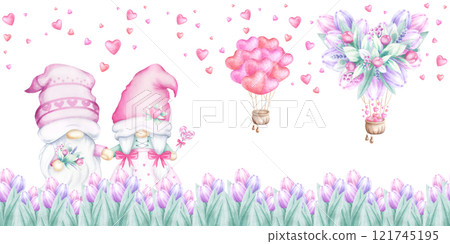 Couple of gnomes in middle of tulips. Balloons and flying hearts in pastel pink color watercolor isolated seamless border. Hand draw festive banner for romantic Valentines Day packing tape and design. Couple of gnomes in middle of tulips. Balloons and flying hearts in pastel pink color watercolor isolated seamless border. Hand draw festive banner for romantic Valentines Day packing tape and design. 121745195