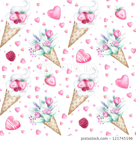 Seamless pattern with ice cream, bouquet of flowers in waffle cone, cake and flying hearts. Hand draw watercolor isolated endless illustration for romantic Valentines, Mother and Women Day design. 121745196
