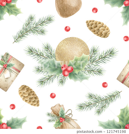 Christmas seamless pattern with golden ball, gift box, holly, berries, leaves, spruce branches and cones. Hand drawn watercolor illustration isolated on white for New Year packaging paper and textile. Christmas seamless pattern with golden ball, gift box, holly, berries, leaves, spruce branches and cones. Hand drawn watercolor illustration isolated on white for New Year packaging paper and textile. 121745198