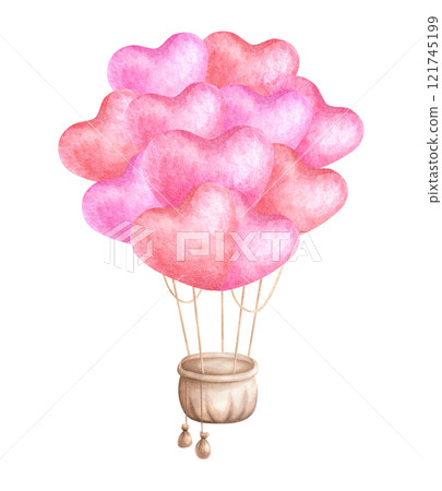 Balloon made of hearts with basket suspended on ropes. Hand draw watercolor isolated illustration on white for romantic Valentines Day greeting card template, invitation and weddings designs. Balloon made of hearts with basket suspended on ropes. Hand draw watercolor isolated illustration on white for romantic Valentines Day greeting card template, invitation and weddings designs. 121745199