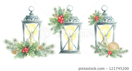 Retro old lantern with glowing candle inside, golden ball, holly plant, fir branch and cone. Hand drawn watercolor isolated vintage composition set for Christmas greeting card and festive packaging. Retro old lantern with glowing candle inside, golden ball, holly plant, fir branch and cone. Hand drawn watercolor isolated vintage composition set for Christmas greeting card and festive packaging. 121745200