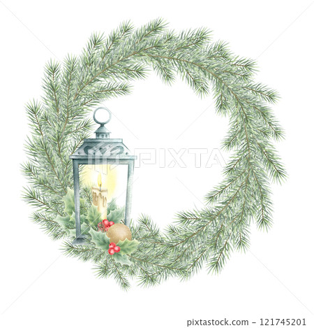 Christmas lush wreath with vintage lantern, spruce branches, burning candle, gold ball and holly. Hand drawn watercolor isolated festive illustration for New Year greeting cards, sticker and label. 121745201