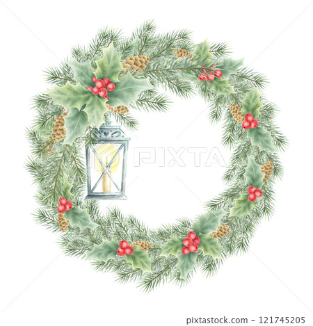 Christmas lush wreath with vintage lantern, burning candle, spruce branches and holly. Hand drawn watercolor isolated festive illustration for New Year greeting cards templates, sticker and label. 121745205