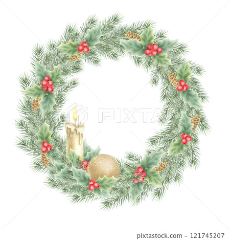Christmas lush wreath with holly, burning candle, gold ball, fir branches and cones. Hand drawn watercolor isolated festive illustration for New Year greeting cards template, sticker, tags and design. 121745207