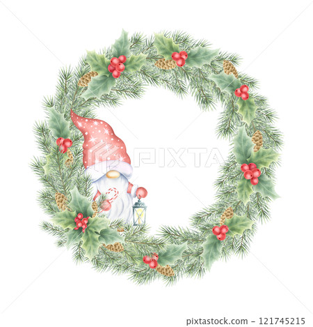 Christmas wreath with gnome with lantern, holly berry and leaves, spruce branches and cones. Hand drawn watercolor isolated festive illustration for New Year greeting card templates, sticker and tag. 121745215