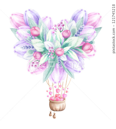 Heart shaped flower balloon with a basket filled with flying hearts. Hand draw watercolor isolated illustration on white for romantic Valentines Day greeting card, invitation and weddings designs. 121745218