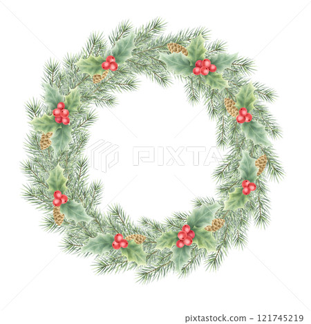 Christmas lush wreath with holly, red berries, green leaves, fir branches and cones. Hand drawn watercolor isolated festive illustration for New Year greeting cards template, sticker, tags and design. Christmas lush wreath with holly, red berries, green leaves, fir branches and cones. Hand drawn watercolor isolated festive illustration for New Year greeting cards template, sticker, tags and design. 121745219