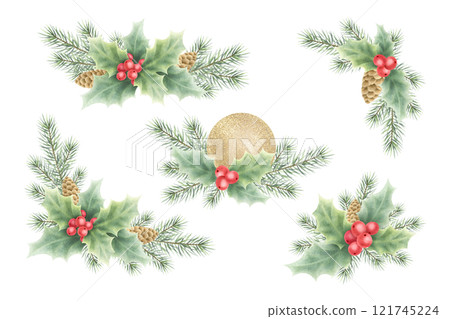 Christmas spruce branches, cones, golden ball and holly berries and leaves watercolor isolated illustrations. Hand drawn corner composition set for New Year winter holidays greeting cards and designs. 121745224