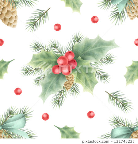 Christmas seamless pattern with cones, bows, holly, berries, leaves and spruce branches. Hand drawn winter watercolor illustration isolated on white for New Year festive packaging paper and textile. Christmas seamless pattern with cones, bows, holly, berries, leaves and spruce branches. Hand drawn winter watercolor illustration isolated on white for New Year festive packaging paper and textile. 121745225
