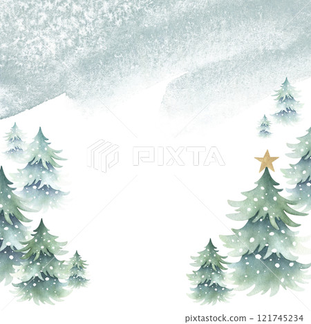 Christmas spruces snow-covered with golden star and green stain. Hand drawn watercolor fir trees isolated illustration, square greeting card template with copy space for text for New year, A4, A5. 121745234