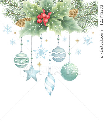 Christmas card vertical template with tree balls, snowflakes, holly berries, fir branches and cones. Hand drawn watercolor isolated illustration with empty space for text. For New year greeting cards. Christmas card vertical template with tree balls, snowflakes, holly berries, fir branches and cones. Hand drawn watercolor isolated illustration with empty space for text. For New year greeting cards. 121745273