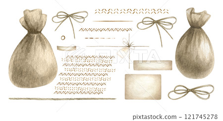 Sacks made of brown burlap, twine, bows, ropes and ribbon, kraft paper and cardboard, ethnic pattern, jute cord and thread isolated on white. Hand drawn watercolor illustration set for rustic style. 121745278