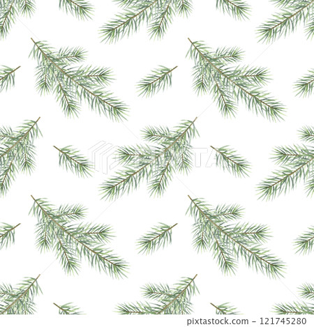 Christmas spruce branches watercolor seamless pattern. Hand drawn winter illustration fir tree twigs isolated from background for New Year festive packaging paper, textile, fabrics and design. Christmas spruce branches watercolor seamless pattern. Hand drawn winter illustration fir tree twigs isolated from background for New Year festive packaging paper, textile, fabrics and design. 121745280