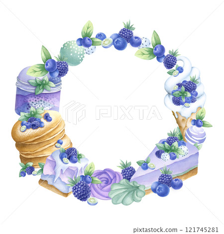 Pancakes, cakes, blueberry, blackberry, ice cream and marshmallows. Round wreath frame of desserts and berries. Hand draw watercolor isolated illustration. Template with copy space for confectionery. 121745281