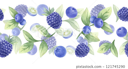 Blueberry and blackberry watercolor seamless border. Hand drawn isolated illustration juicy wild berries bilberry and dewberry. Banner for kitchen textile, food packaging, healthy food and recipes. 121745290