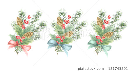 Christmas bouquets set with fir branches, cones and holly berries and leaves tied with bows in red, green and blue colors. Hand drawn watercolor isolated illustrations for New Year cards template. 121745291