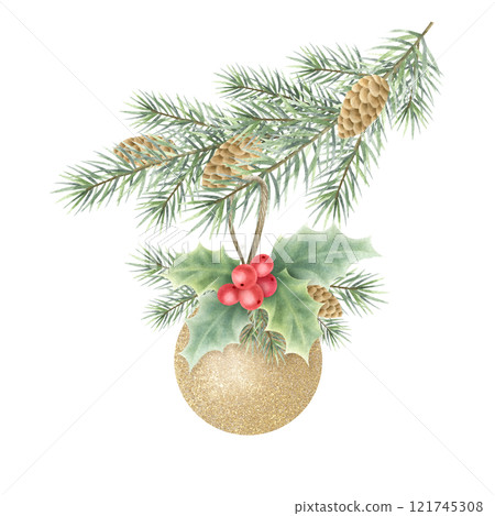 Christmas golden tree ball with holly plant hanged on spruce branch with cones. Hand drawn watercolor isolated illustration for Happy New Year greeting cards template, festive packaging and designs. Christmas golden tree ball with holly plant hanged on spruce branch with cones. Hand drawn watercolor isolated illustration for Happy New Year greeting cards template, festive packaging and designs. 121745308