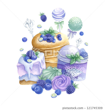 Pancakes, cakes, blueberry, blackberry, ice cream, marshmallows, cake pops in purple and green colors composition. Hand draw watercolor isolated illustration for food packaging, recipes and cookbooks. Pancakes, cakes, blueberry, blackberry, ice cream, marshmallows, cake pops in purple and green colors composition. Hand draw watercolor isolated illustration for food packaging, recipes and cookbooks. 121745309