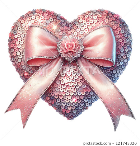 Charming Pink Sequin Heart with Ribbon Bow and Floral Center Charming Pink Sequin Heart with Ribbon Bow and Floral Center 121745320