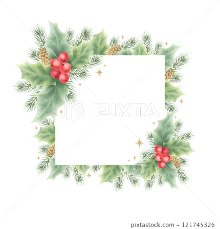 Christmas card square template with holly berries and leaves, spruce branches and cones. Hand drawn watercolor isolated illustration with empty space for text for New year greeting cards and designs. Christmas card square template with holly berries and leaves, spruce branches and cones. Hand drawn watercolor isolated illustration with empty space for text for New year greeting cards and designs. 121745326