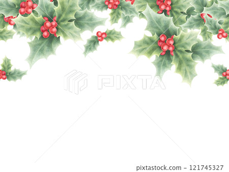 Christmas holly red berries and green leaves watercolor isolated illustration. Hand drawn seamless upper border for winter holiday season, New Year greeting cards template, festive banners, textile. Christmas holly red berries and green leaves watercolor isolated illustration. Hand drawn seamless upper border for winter holiday season, New Year greeting cards template, festive banners, textile. 121745327
