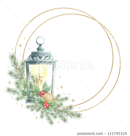 Christmas lantern, fir branches, cones and holly berries and leaves round wreath with double golden frame. Hand drawn watercolor isolated illustration for New Year greeting card templates and designs. Christmas lantern, fir branches, cones and holly berries and leaves round wreath with double golden frame. Hand drawn watercolor isolated illustration for New Year greeting card templates and designs. 121745329