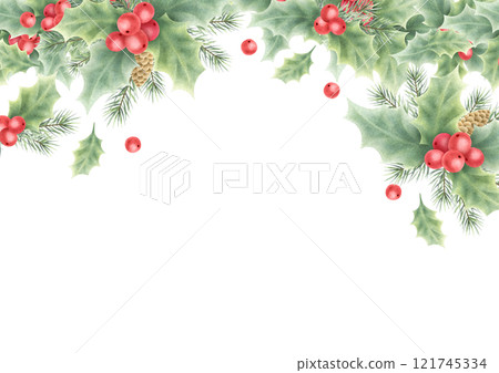 Christmas card with holly, red berries, fir tree branches and cones horizontal template. Hand drawn watercolor isolated illustration with empty space for text. For New year greeting cards, design. Christmas card with holly, red berries, fir tree branches and cones horizontal template. Hand drawn watercolor isolated illustration with empty space for text. For New year greeting cards, design. 121745334