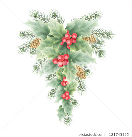 Christmas holly plant with red berries, green leaves, fir branch and cones. Watercolor isolated illustration. Hand drawn festive composition for New Year greeting cards, sticker, packaging and design. Christmas holly plant with red berries, green leaves, fir branch and cones. Watercolor isolated illustration. Hand drawn festive composition for New Year greeting cards, sticker, packaging and design. 121745335