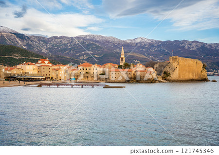 Budva, Montenegro, Balkans, Europe. Old town and mountains in background in winter time 121745346