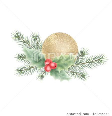 Christmas golden tree ball with holly plant and fir branch. Hand drawn watercolor isolated illustration. Composition for Happy New Year greeting cards template, sticker, festive packaging and designs. Christmas golden tree ball with holly plant and fir branch. Hand drawn watercolor isolated illustration. Composition for Happy New Year greeting cards template, sticker, festive packaging and designs. 121745348