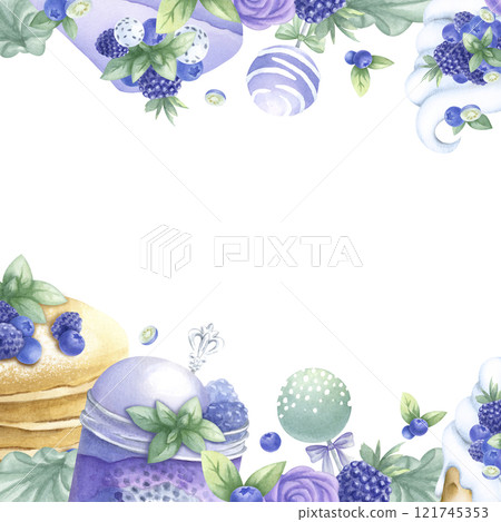 Pancakes, cakes, blueberry, blackberry, ice cream, cake pops and marshmallows in purple and green color. Hand draw watercolor isolated illustration. Square frame with copy space for bakery design. 121745353
