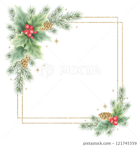 Christmas spruce branches, cones and holly berry and leaves square frame with double golden frame. Hand drawn watercolor isolated illustration for New Year greeting card templates and festive design. 121745359