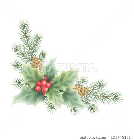 Christmas holly plant with red berries, green leaves, fir branch and cones. Watercolor isolated illustration. Hand drawn festive composition for New Year greeting cards, sticker, packaging and design. 121745361